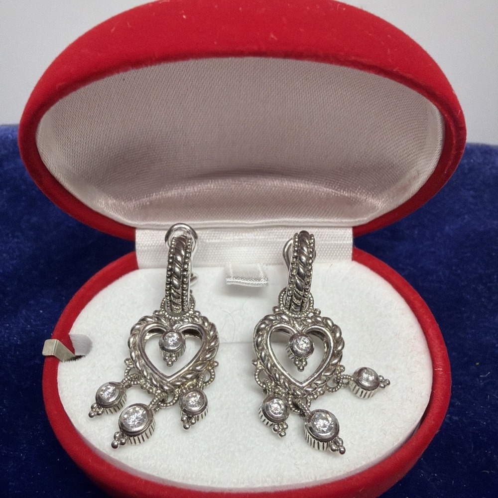 JUDITH RIPKA 925 Sterling Silver Round-Cut C Z Heart Charm Omega Back Earrings